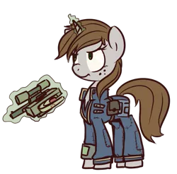 Size: 655x644 | Tagged: safe, artist:inlucidreverie, derpibooru import, oc, oc:littlepip, unofficial characters only, pony, unicorn, fallout equestria, fanfic art, female, freckles, gun, magic, mare, pipbuck, revolver, saddle bag, simple background, solo, telekinesis, transparent background, vault suit