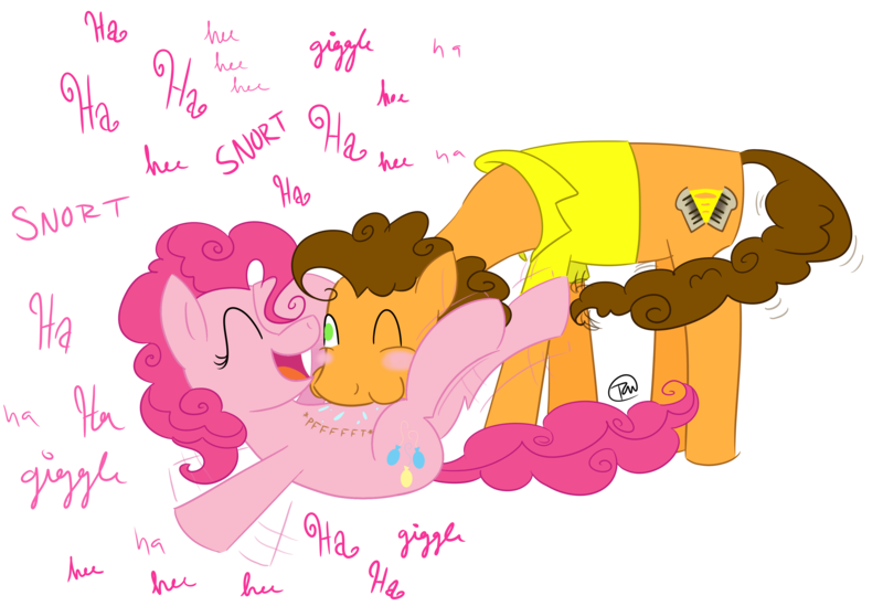 Size: 3500x2400 | Tagged: safe, artist:rem-ains, derpibooru import, cheese sandwich, pinkie pie, pinkie pride, blushing, cheesepie, female, laughing, male, on back, raspberry, smiling, straight, tickling, tummy buzz, wink