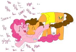 Size: 3500x2400 | Tagged: safe, artist:rem-ains, derpibooru import, cheese sandwich, pinkie pie, pinkie pride, blushing, cheesepie, female, laughing, male, on back, raspberry, smiling, straight, tickling, tummy buzz, wink