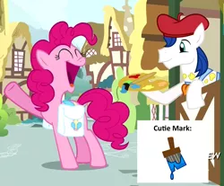 Size: 1260x1042 | Tagged: safe, derpibooru import, screencap, acrylic paint (character), pinkie pie, earth pony, pony, pinkie pride, beret, cutie mark, female, happy, male, mare, paint, paint palette, paintbrush, stallion, vendor