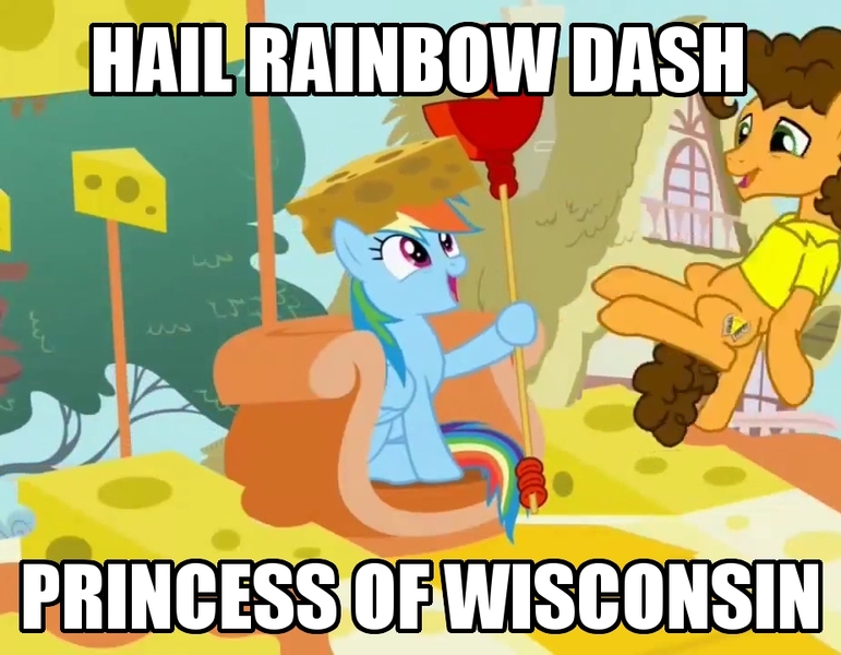 Size: 925x720 | Tagged: caption, cheese, cheese hat, cheesehead, cheese sandwich, cheese scepter, derpibooru import, hat, image macro, meme, open mouth, pinkie pride, ponyville, princess, princess rainbow dash, rainbow dash, safe, screencap, sitting, smiling, throne, tree, weird al yankovic, wisconsin