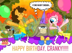 Size: 900x654 | Tagged: safe, artist:seriousdog, derpibooru import, cheese sandwich, cranky doodle donkey, matilda, pinkie pie, donkey, earth pony, pony, pinkie pride, balloon, birthday, birthday party, crankilda, party, streamers