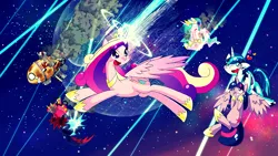 Size: 2280x1283 | Tagged: safe, artist:panyang-panyang, derpibooru import, princess cadance, princess celestia, shining armor, twilight sparkle, twilight sparkle (alicorn), alicorn, pony, tatzlwurm, badass, crossover, female, heart, kirov airship, magic blast, mare, space, wat