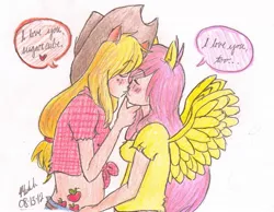 Size: 1197x930 | Tagged: applejack, appleshy, artist:missshell666, blushing, derpibooru import, eared humanization, female, fluttershy, human, humanized, intimate, lesbian, light skin, safe, shipping, speech bubble, wingboner, winged humanization