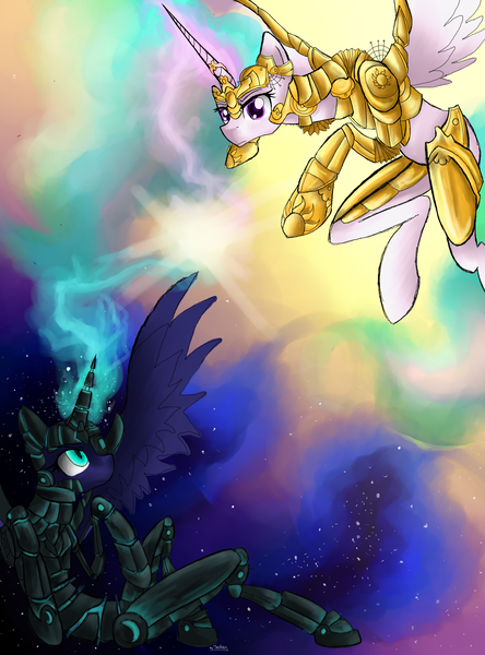 Size: 1850x2500 | Tagged: armor, artist:jedayskayvoker, derpibooru import, fight, nightmare moon, princess celestia, safe