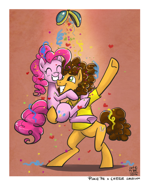 Size: 1902x2371 | Tagged: safe, artist:carmalicious, derpibooru import, cheese sandwich, pinkie pie, pinkie pride, cheesepie, confetti, female, male, shipping, straight