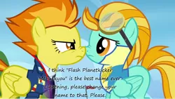 Size: 1280x722 | Tagged: safe, derpibooru import, edit, edited screencap, screencap, lightning dust, spitfire, pegasus, pony, wonderbolts academy, awesome mccoolname, boop, duo, eye contact, female, glare, insane pony thread, mare, nose to nose, nose wrinkle, noseboop, text, vulgar