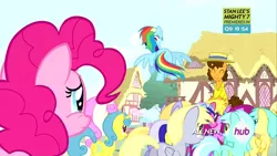 Size: 1280x720 | Tagged: all new, animation error, berry punch, berryshine, cheese sandwich, cherry berry, derpibooru import, derpy hooves, flying, hub logo, lemon hearts, lyra heartstrings, minuette, pinkie pie, pinkie pride, rainbow dash, safe, screencap, stan lee's mighty 7, sunshower raindrops, text