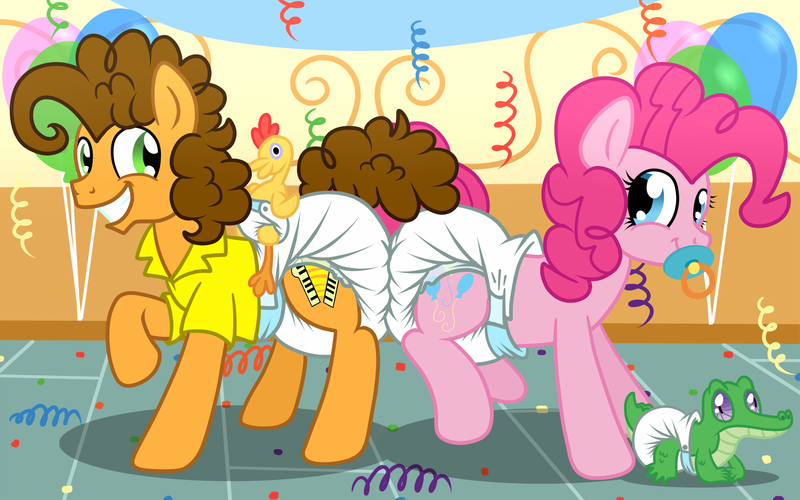 Size: 2000x1250 | Tagged: questionable, artist:fillyscoots42, derpibooru import, boneless, cheese sandwich, gummy, pinkie pie, adult foal, butt bump, butt to butt, butt touch, cheesepie, diaper, diaper fetish, female, male, pacifier, poofy diaper, shipping, straight