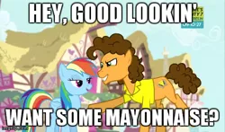Size: 480x283 | Tagged: safe, derpibooru import, edit, edited screencap, screencap, cheese sandwich, rainbow dash, earth pony, pegasus, pony, pinkie pride, bedroom eyes, caption, cheesedash, female, innuendo, male, mare, out of context, shipping, stallion, straight