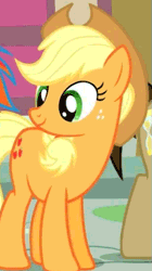 Size: 305x543 | Tagged: safe, derpibooru import, applejack, doctor whooves, rainbow dash, time turner, earth pony, pegasus, pony, pinkie pride, animated, blinking, cute, eyes closed, female, grin, happy, hnnng, jackabetes, looking back, male, mare, offscreen character, silly, silly pony, smiling, solo focus, squee, stallion, standing