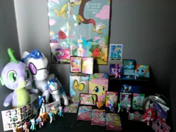 Size: 2592x1944 | Tagged: applejack, blind bag, card, collection, derpibooru import, discord, fluttershy, funrise, irl, lunchbox, lyra heartstrings, mane six, photo, pinkie pie, plushie, poster, princess celestia, princess luna, rainbow dash, rarity, safe, spike, spike plushie, sticker, toy, twilight sparkle, vinyl scratch, wonderbolts