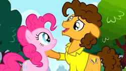 Size: 576x324 | Tagged: safe, derpibooru import, cheese sandwich, pinkie pie, pinkie pride, animated, eye shimmer, hug, shipping fuel