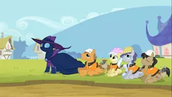 Size: 1366x768 | Tagged: safe, derpibooru import, screencap, ambrosia, cindy block, jack hammer, mare do well, rivet, earth pony, pony, the mysterious mare do well, construction pony, female, hard hat, male, mare, safety vest, stallion
