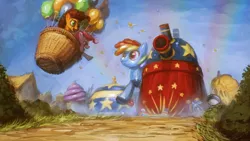 Size: 1920x1080 | Tagged: safe, artist:assasinmonkey, derpibooru import, cheese sandwich, pinkie pie, rainbow dash, pony, pinkie pride, balloon, balloon rainbow dash, cheese supreme cannonball surprise, cheese wheel, parade balloon, partillery, party cannon, party panzer, party tank, scene interpretation