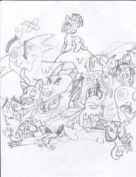 Size: 783x1021 | Tagged: ahuizotl, artist:toon-n-crossover, big boy the cloud gremlin, changeling, cloud gremlins, derpibooru import, diamond dog, discord, dragon, fanart, garble, gift art, hydra, iron will, larry, michael morones, monochrome, multiple heads, nightmare forces, rover, runt the cloud gremlin, safe, shadowfright, timber wolf, triumphant