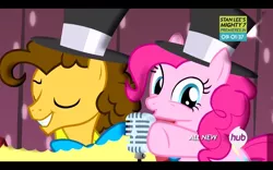 Size: 1280x800 | Tagged: safe, derpibooru import, cheese sandwich, pinkie pie, earth pony, pony, pinkie pride, duo, female, hat, male, mare, microphone, pointing, singing, smiling, stallion, top hat