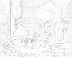 Size: 4675x3784 | Tagged: absurd resolution, artist:methos-diw, balcony, board game, book, bookshelf, both cutie marks, butt shake, cookie, cute, derpibooru import, face down ass up, grayscale, looking up, lunabetes, monochrome, mouth hold, nose wrinkle, plot, princess luna, safe, smiling, tiberius, traditional art