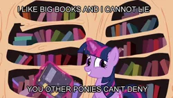 Size: 700x394 | Tagged: artist:shadesmaclean, baby got back, book, caption, derpibooru import, golden oaks library, image macro, library, safe, sir mix-a-lot, smiling, solo, song reference, that pony sure does love books, twilight sparkle