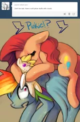 Size: 659x1000 | Tagged: artist:dhui, dead source, derpibooru import, eyes closed, open mouth, pinkie pie, plushie, ponies riding ponies, rainbow dash, safe, sleeping, spread wings, surprise, surprised, tired pie, tumblr, wide eyes