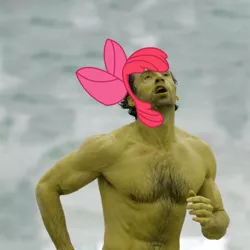 Size: 1000x1000 | Tagged: apple bloom, artist:pixelsofsin, chest hair, derpibooru import, exploitable meme, forced meme, hugh jackman, human, irl, irl human, meme, my little hugh, photo, recolor, safe, wat