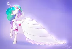 Size: 2804x1915 | Tagged: safe, artist:scheadar, derpibooru import, princess celestia, alicorn, pony, clothes, dress, eyes closed, female, flower, mare, solo, veil, wedding dress