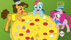Size: 660x371 | Tagged: safe, derpibooru import, screencap, cheese sandwich, pinkie pie, rainbow dash, earth pony, pegasus, pony, pinkie pride, animated, bowtie, cupcake, cute, dashabetes, diacheeses, diapinkes, eating, female, food, hat, hub logo, hubble, male, mare, nom, pac-dash, pac-man, pacdash, pizza, size difference, stallion, that pony sure does love pizza, the hub, this will end in weight gain, tomato, top hat, trio