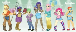 Size: 1024x436 | Tagged: applejack, artist:xailing, balloon, belly button, book, dark skin, derpibooru import, fluttershy, hijab, humanized, islam, light skin, mane seven, mane six, muscles, pinkie pie, pitchfork, rainbow dash, rarity, safe, spike, twilight sparkle, why meph why