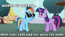 Size: 1280x720 | Tagged: safe, derpibooru import, edit, edited screencap, screencap, rainbow dash, twilight sparkle, pegasus, pony, unicorn, may the best pet win, backwards ballcap, baseball cap, cap, cool as ice, duo, female, hat, image macro, implied shipping, lesbian, mare, quote, shipping, twidash, unicorn twilight, vanilla ice