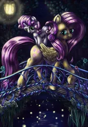 Size: 1200x1725 | Tagged: artist:viwrastupr, bridge, female, flutterbelle, fluttershy, lamp, lesbian, night, safe, shipping, sweetie belle, water