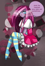 Size: 900x1300 | Tagged: artist:underwaterteaparty, clothes, derpibooru import, human, humanized, looking at you, missing shoes, pinkamena diane pie, pinkie pie, pony coloring, sad, safe, solo, stockings