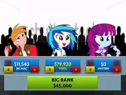 Size: 720x540 | Tagged: safe, derpibooru import, big macintosh, mystery mint, vinyl scratch, equestria girls, background human, game show, press your luck, violet mystery