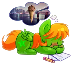 Size: 1000x900 | Tagged: safe, artist:zoiby, derpibooru import, oc, oc:neon star, unofficial characters only, pegasus, pony, blushing, drawing, dream, ice cream, pencil, simple background, sleeping, solo, transparent background