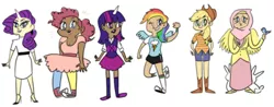 Size: 400x156 | Tagged: applejack, artist:sailorswayze, clothes, dark skin, derpibooru import, diversity, dress, fluttershy, hijab, horned humanization, human, humanized, islam, islamashy, mane six, pinkie pie, rainbow dash, rarity, safe, sweater, sweatershy, twilight sparkle, why meph why, winged humanization