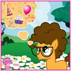 Size: 720x720 | Tagged: balloon, cheese sandwich, colt, cupcake, glasses, hat, inverted eyes, my little pony logo, official, party hat, pinkie pride, safe, solo, thought bubble, younger