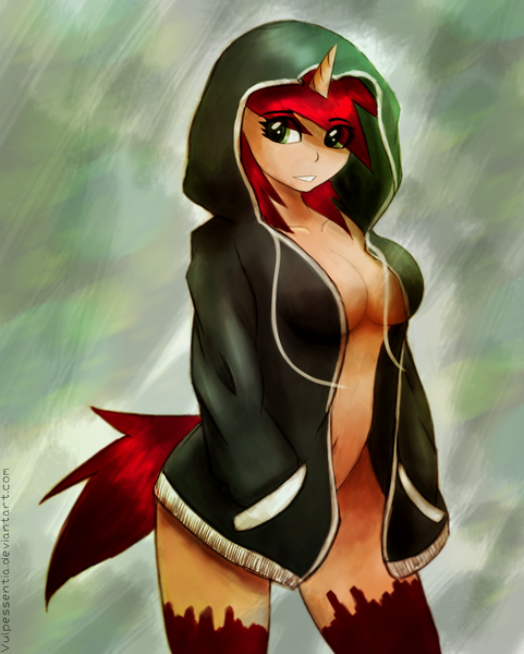 Size: 2820x3519 | Tagged: dead source, questionable, artist:vulpessentia, derpibooru import, oc, oc:rho, unofficial characters only, anthro, unicorn, ambiguous facial structure, anthro oc, breasts, clothes, female, hoodie, nudity, open clothes, solo, solo female, teasing