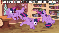 Size: 800x450 | Tagged: safe, artist:dtkraus, derpibooru import, edit, edited screencap, screencap, twilight sparkle, twilight sparkle (alicorn), alicorn, pony, animated, caption, female, flying, golden oaks library, i have done nothing productive all day, loop, mare, multeity, procrastination, sparkle sparkle sparkle, twinado