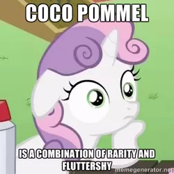 Size: 460x460 | Tagged: coco pommel, derpibooru import, edit, edited screencap, fluttershy, image macro, meme, mind blown, ponyville confidential, rarity, rarity takes manehattan, safe, screencap, solo, sudden clarity sweetie belle, sweetie belle, text