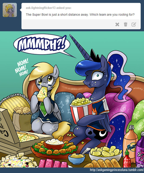 Size: 800x965 | Tagged: safe, artist:johnjoseco, derpibooru import, derpy hooves, princess luna, pegasus, pony, ask gaming princess luna, gamer luna, :3, :t, american football, clothes, comic, eating, female, food, hot sauce, jersey, looking at you, mare, messy, messy eating, muffin, nom, pizza, ponytail, popcorn, potato chips, sitting, smiling, soda, super bowl, tumblr, wide eyes