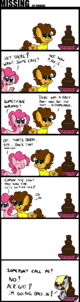 Size: 1000x3742 | Tagged: safe, artist:chibi95, derpibooru import, cheese sandwich, derpy hooves, pinkie pie, pegasus, pony, pinkie pride, chocolate fountain, comic, dialogue, female, mare