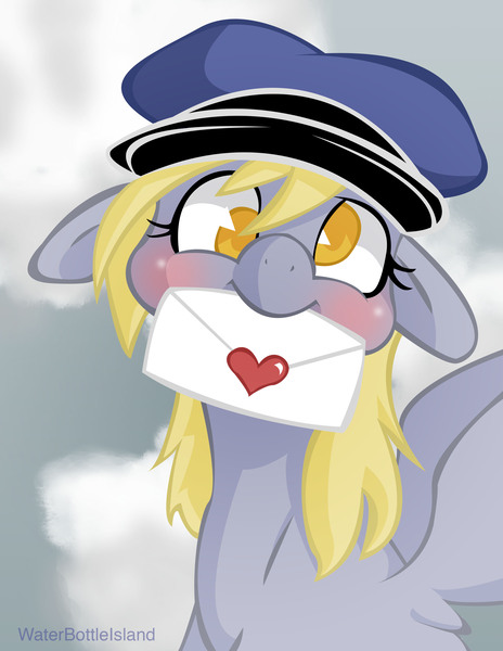 Size: 2550x3300 | Tagged: safe, artist:waterbottleisland, derpibooru import, derpy hooves, pegasus, pony, blushing, cap, colored pupils, cute, derpabetes, envelope, female, floppy ears, hat, letter, love letters, mail, mailpony, mare, mouth hold, smiling, solo