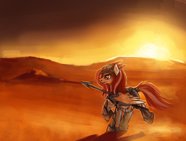 Size: 1600x1211 | Tagged: safe, artist:tracymod, derpibooru import, oc, unofficial characters only, pegasus, pony, armor, commission, desert, solo, spear