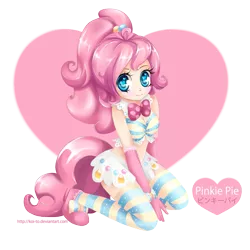 Size: 1177x1177 | Tagged: suggestive, artist:koi-to, derpibooru import, pinkie pie, human, bowtie, breasts, cleavage, clothes, cute, diapinkes, evening gloves, female, gloves, heart eyes, humanized, japanese, kneeling, light skin, looking at you, midriff, simple background, skirt, socks, solo, solo female, striped socks, tailed humanization, transparent background, wingding eyes