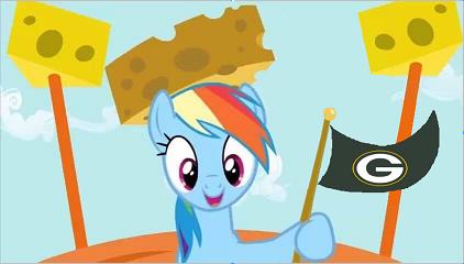 Size: 422x240 | Tagged: cheese hat, cheesehead, derpibooru import, edit, edited screencap, flag, green bay packers, hat, nfl, pinkie pride, rainbow dash, rainbow falls, safe, screencap, solo, wisconsin