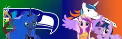 Size: 1024x331 | Tagged: safe, derpibooru import, discord, princess cadance, princess luna, shining armor, twilight sparkle, twilight sparkle (alicorn), alicorn, pony, american football, denver broncos, female, mare, nfl, seattle seahawks, super bowl, super bowl xlviii