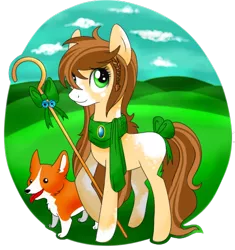 Size: 472x503 | Tagged: safe, artist:ephemerence, derpibooru import, oc, unofficial characters only, corgi, dog, earth pony, pony, bow, clothes, crook, female, mare, scarf, shepherd, shepherd's crook
