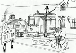 Size: 3184x2247 | Tagged: ask, chubby, clothes, coat, derpibooru import, fat, hat, house, lamp post, lamppost, monochrome, oc, oc:pit pone, police, police station, road sign, safe, scenery, sign, solo, street, town, town square, tram, tumblr, unofficial characters only