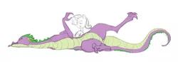 Size: 1604x560 | Tagged: safe, artist:carnifex, derpibooru import, rarity, spike, barb, barlusive, bellyrubs, elusive, eyes closed, female, male, older, rule 63, shipping, side, size difference, smiling, sparity, straight, tongue out
