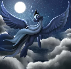 Size: 2160x2084 | Tagged: safe, artist:wingedwolf94, deleted from derpibooru, derpibooru import, princess luna, alicorn, pony, cloud, cloudy, eyes closed, flying, full moon, missing cutie mark, moon, night, night sky, sky, solo, stars