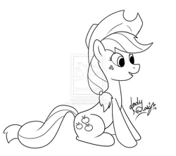 Size: 948x842 | Tagged: safe, artist:ladynanaki, derpibooru import, applejack, monochrome, sitting, solo, watermark